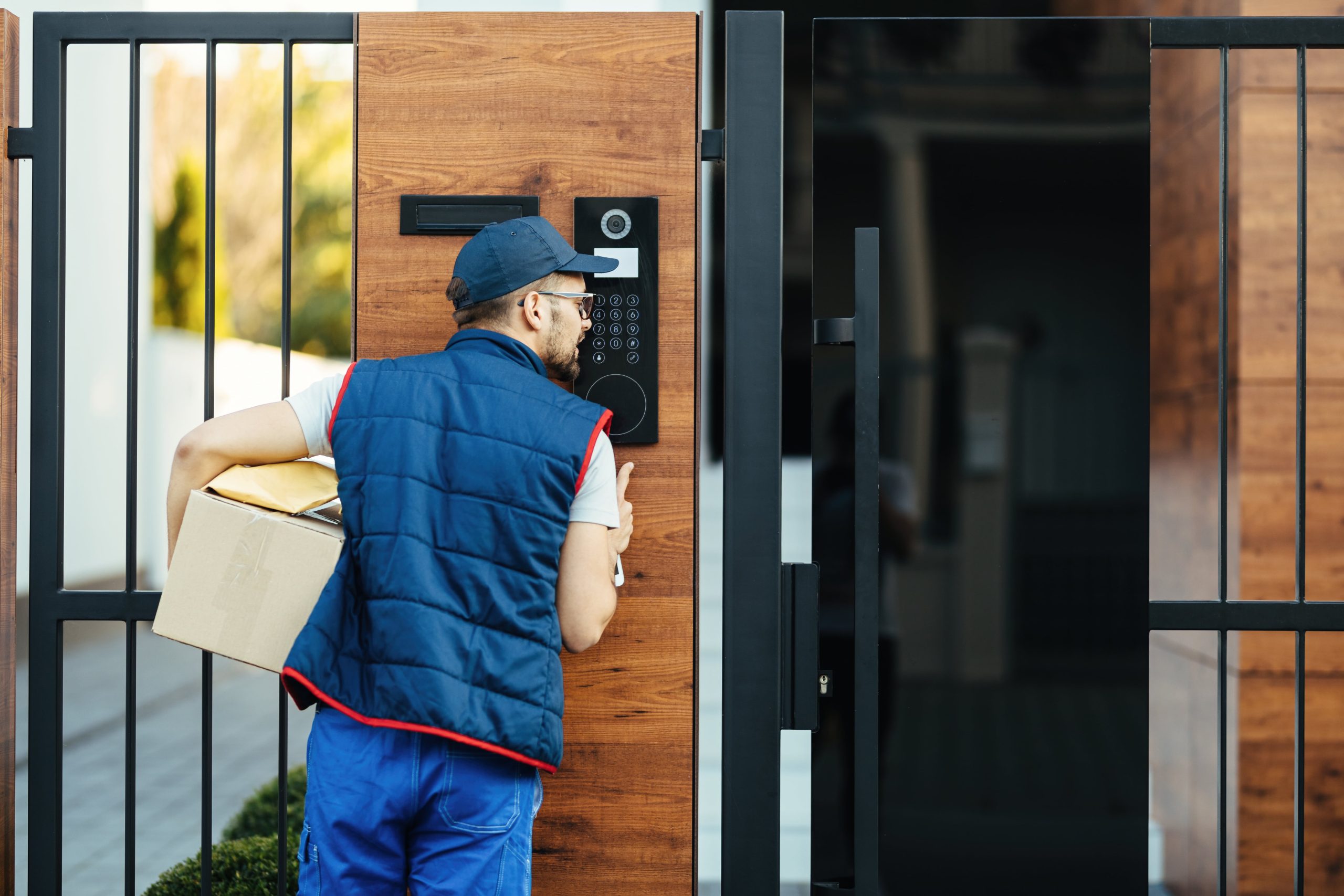 Home back view deliverer ringing intercom gate customer s house while delivering packages min